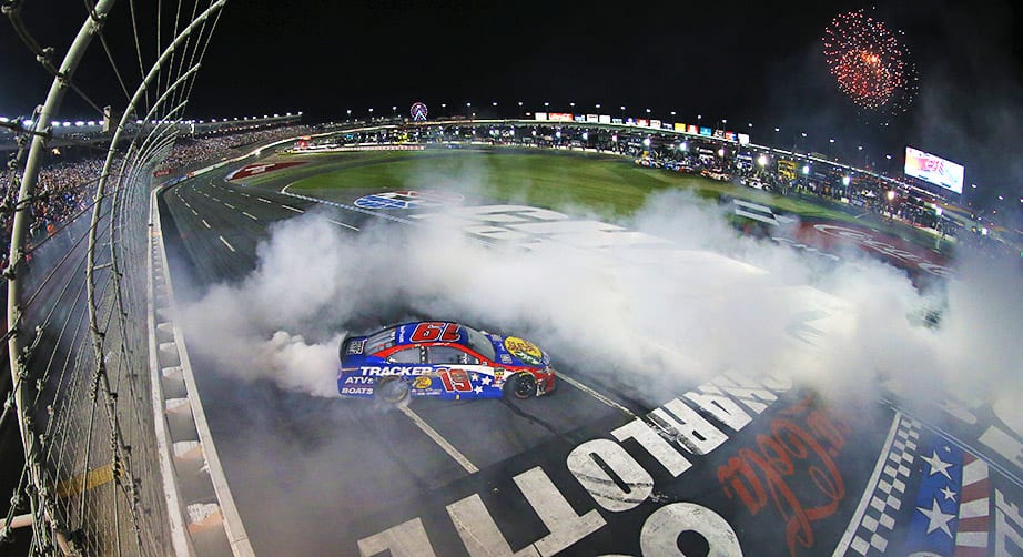 Martin Truex Jr. performs a burnout after winning the 2019 Coca-Cola 600 at Charlotte.