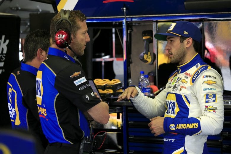 LONG POND, PENNSYLVANIA - MAY 31: Chase Elliott (R), driver of the #9 NAPA Auto Parts Chevrolet, speaks with his crew chief Alan Gustafson in the garage area during practice for the Monster Energy NASCAR Cup Series Pocono 400 at Pocono Raceway on May 31, 2019 in Long Pond, Pennsylvania. (Photo by Chris Trotman/Getty Images) | Getty Images