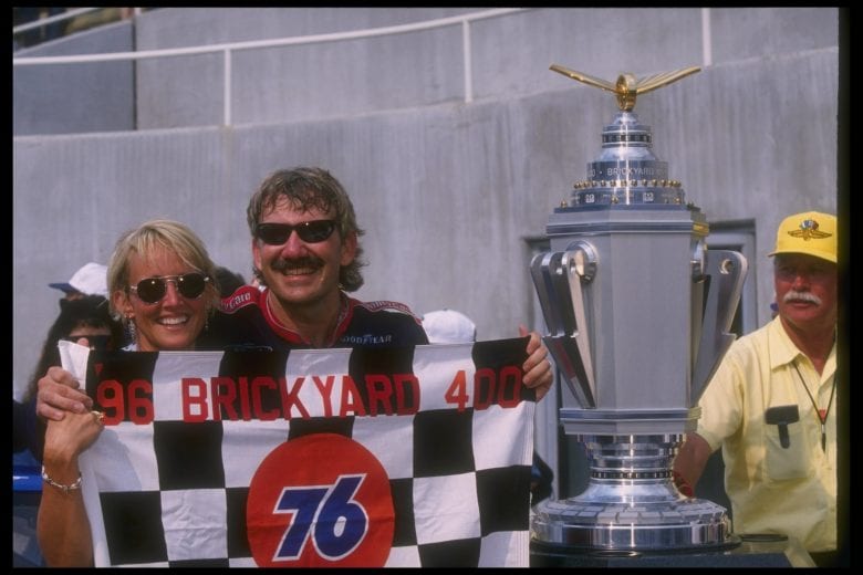 3 Aug 1996: NASCAR driver Dale Jarrett celebrates after winning the Brickyard 400 at the Indianapolis Speedway in Indianapolis, Indiana. Mandatory Credit: Brian Bahr /Allsport