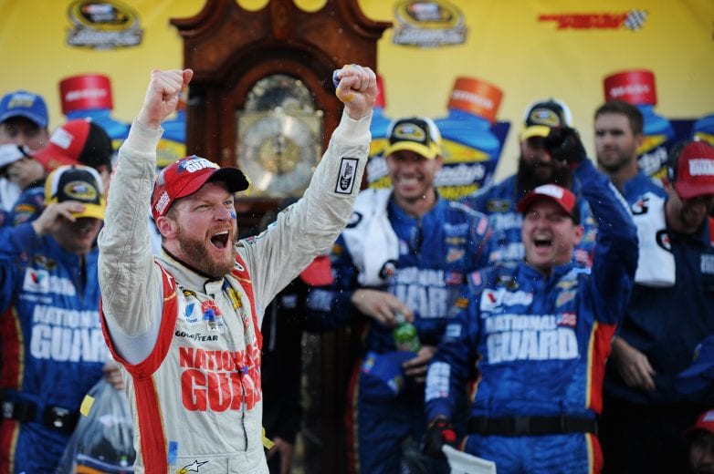 MARTINSVILLE, VA - OCTOBER 26: Dale Earnhardt Jr., driver of the #88 National Guard Chevrolet, celebrates in Victory Lane after winning during the NASCAR Sprint Cup Series Goody's Headache Relief Shot 500 at Martinsville Speedway on October 26, 2014 in Martinsville, Virginia. (Photo by Jonathan Moore/Getty Images) | Getty Images