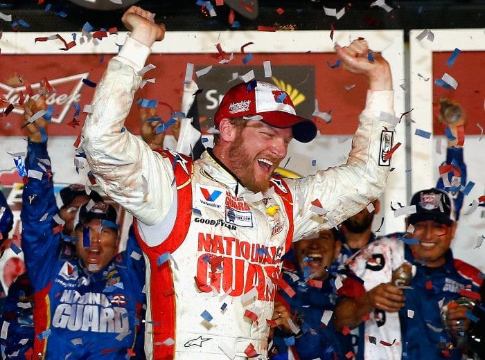 DAYTONA BEACH, FL - FEBRUARY 23: Dale Earnhardt Jr., driver of the #88 National Guard Chevrolet, celebrates in Victory Lane after winning during the NASCAR Sprint Cup Series Daytona 500 at Daytona International Speedway on February 23, 2014 in Daytona Beach, Florida. (Photo by Tom Pennington/Getty Images) | Getty Images