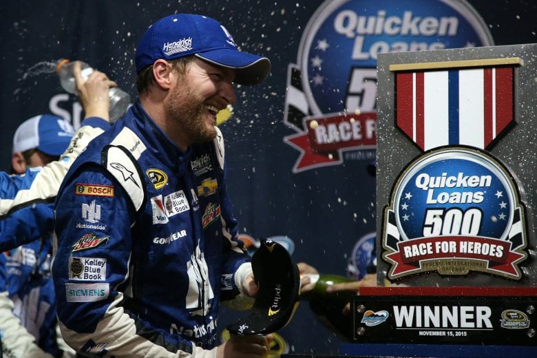 AVONDALE, AZ - NOVEMBER 15: Dale Earnhardt Jr., driver of the #88 Nationwide Chevrolet, celebrates in victory lane after winning the rain-shortened NASCAR Sprint Cup Series Quicken Loans Race for Heroes 500 at Phoenix International Raceway on November 15, 2015 in Avondale, Arizona. (Photo by Sean Gardner/Getty Images) | Getty Images