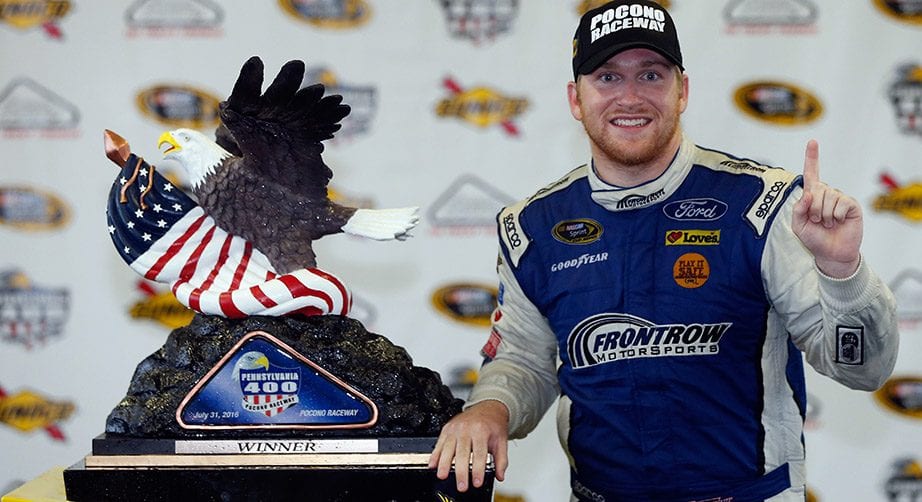 Chris Buescher celebrates winning at Pocono in 2016.