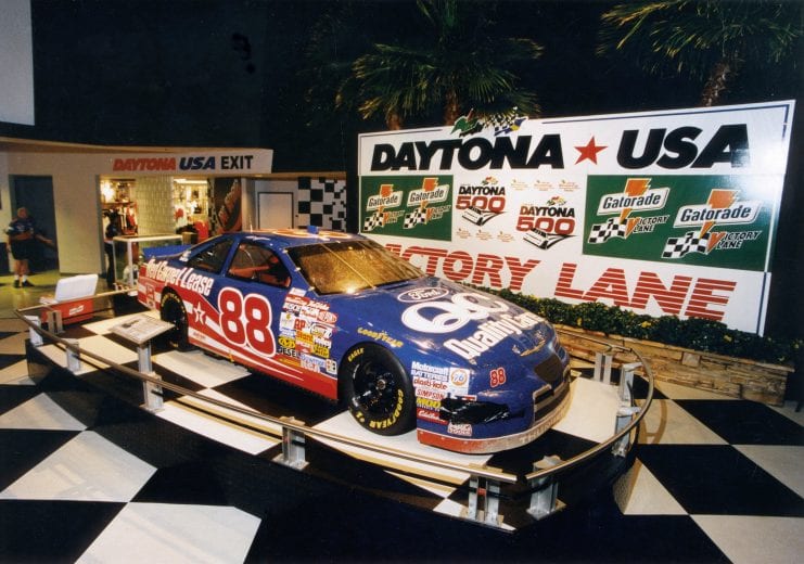 DAYTONA BEACH, FL - FEBRUARY 18, 1996: Dale Jarrett?s 1996 Daytona 500 winning Ford was immediately moved to the new Daytona USA Victory Lane attraction after his win. This tradition is now followed after each Daytona 500 is completed. (Photo by ISC Archives via Getty Images)