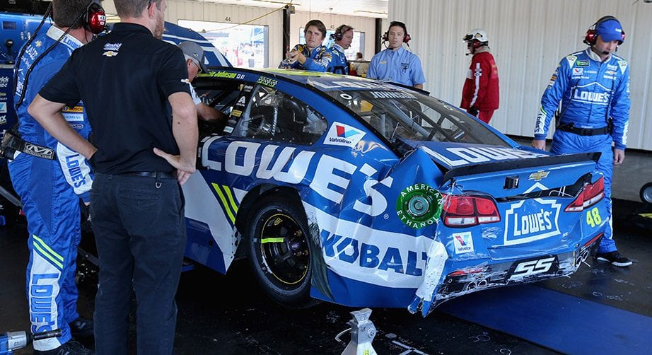 Jimmie Johnson's car sits in the Pocono garage following a crash.