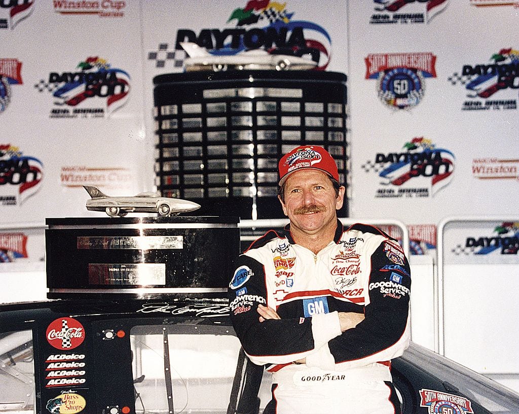 DAYTONA BEACH, FL - FEBRUARY 15, 1998:  NASCAR's 50th year got off to a bang with Dale Earnhardt winning the Daytona 500 after 20 tries. The win came 50 years to the day of the running of NASCAR's first race.  (Photo by ISC Archives via Getty Images)
