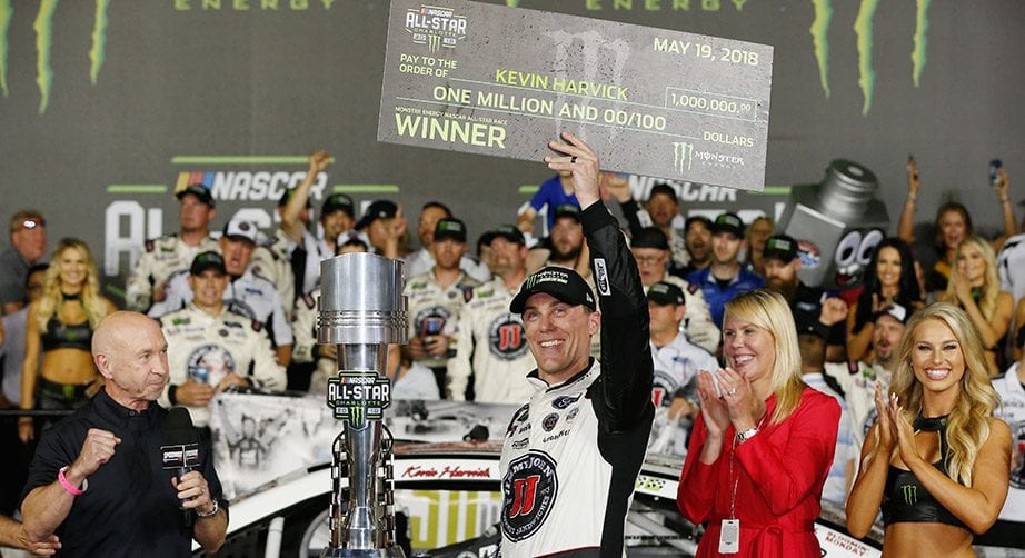 Kevin Harvick celebrates winning the Monster Energy NASCAR All-Star Race in 2018.