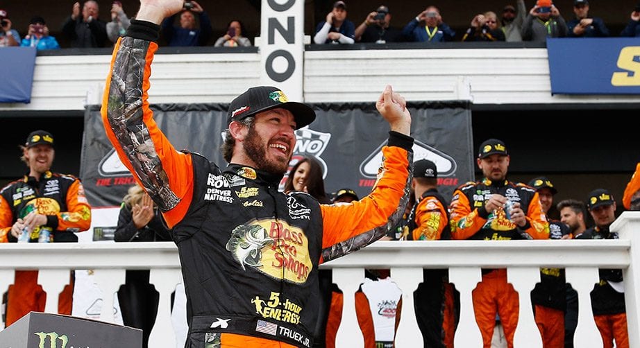 Martin Truex Jr. celebrates winning at Pocono in 2018.