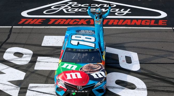 Featured image for Kyle Busch hangs on at Pocono, ties Rusty Wallace on all-time list with 55th win