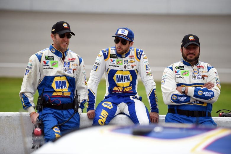 BROOKLYN, MICHIGAN - JUNE 10: Chase Elliott, driver of the #9 NAPA Auto Parts Chevrolet, sits with his crew on pit row prior to the Monster Energy NASCAR Cup Series FireKeepers Casino 400 at Michigan International Speedway on June 10, 2019 in Brooklyn, Michigan. (Photo by Logan Riely/Getty Images) | Getty Images