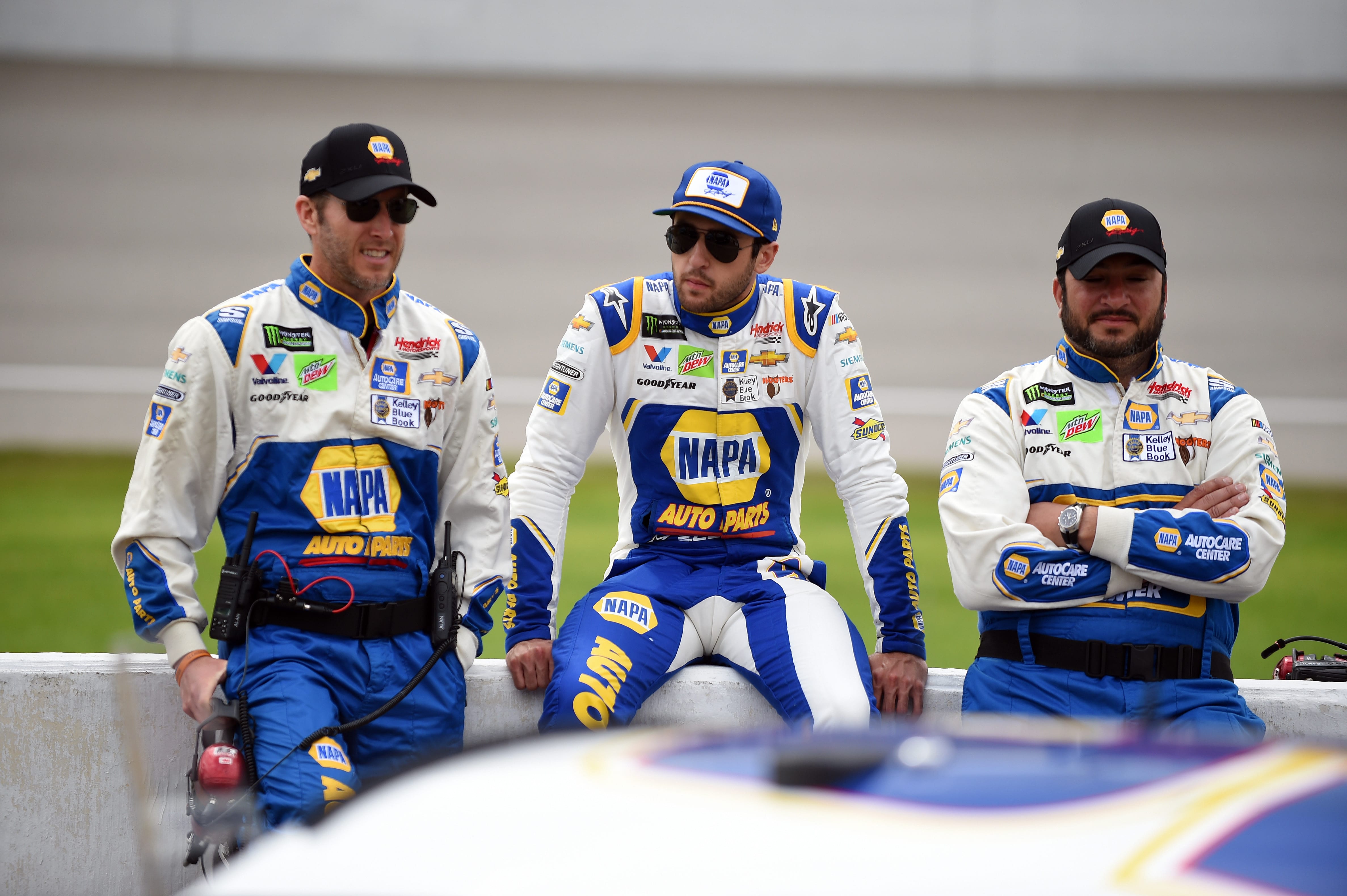 BROOKLYN, MICHIGAN - JUNE 10: Chase Elliott, driver of the #9 NAPA Auto Parts Chevrolet, sits with his crew on pit row prior to the Monster Energy NASCAR Cup Series FireKeepers Casino 400 at Michigan International Speedway on June 10, 2019 in Brooklyn, Michigan. (Photo by Logan Riely/Getty Images) | Getty Images