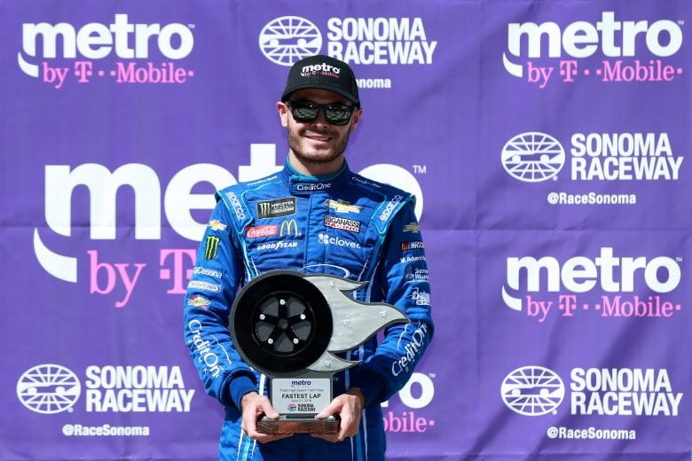 SONOMA, CALIFORNIA - JUNE 21: Kyle Larson, driver of the #42 Credit One Bank Chevrolet, poses with the Fastest Lap Award following practice for the Monster Energy NASCAR Cup Series Toyota/Save Mart 350 at Sonoma Raceway on June 21, 2019 in Sonoma, California. (Photo by Sean Gardner/Getty Images) | Getty Images
