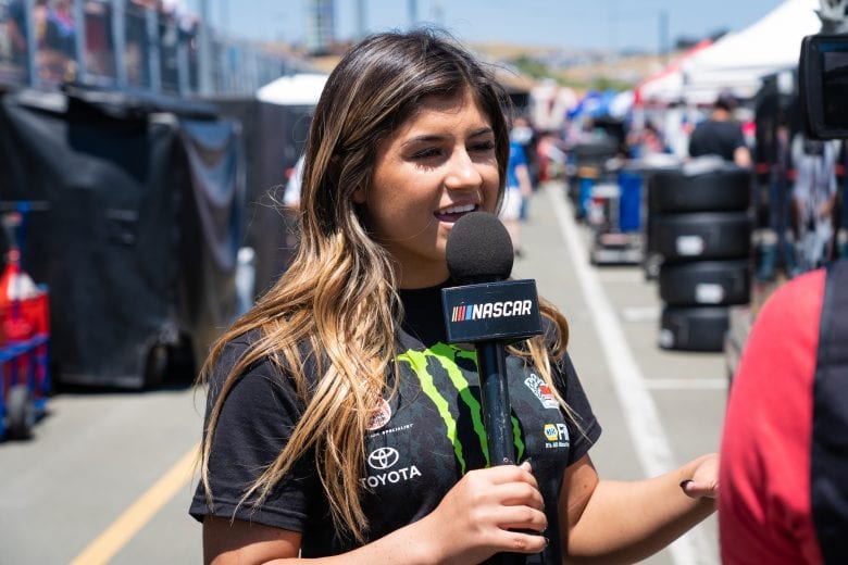 Hailie Deegan gets some on-air time in the Sonoma Raceway garage.