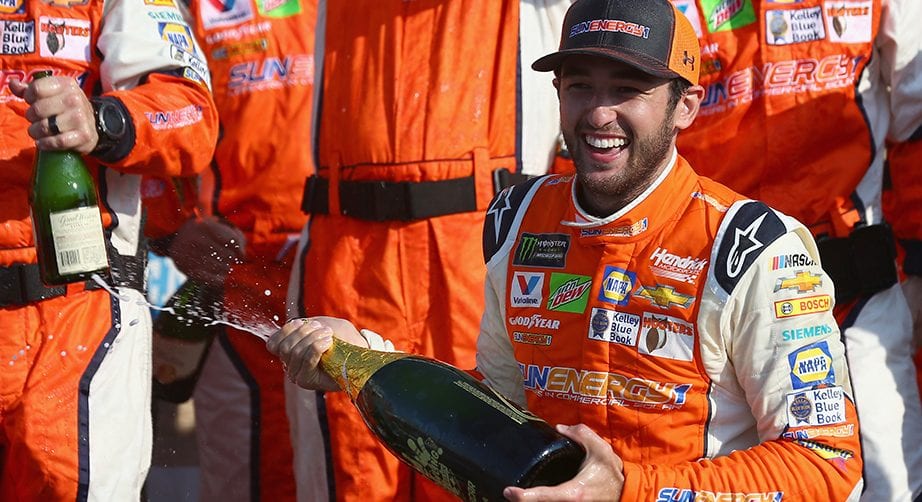 WATKINS GLEN, NY - AUGUST 05: Chase Elliott, driver of the #9 SunEnergy1 Chevrolet, celebrates in Victory Lane after winning during the Monster Energy NASCAR Cup Series GoBowling at The Glen at Watkins Glen International on August 5, 2018 in Watkins Glen, New York. (Photo by Sarah Crabill/Getty Images) | Getty Images