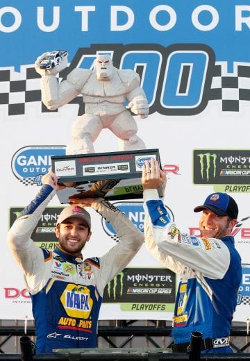DOVER, DE - OCTOBER 07:  Chase Elliott(L), driver of the #9 NAPA Auto Parts Chevrolet, and his crew chief Alan Gustafson celebrate in Victory Lane after winning the Monster Energy NASCAR Cup Series Gander Outdoors 400 at Dover International Speedway on October 7, 2018 in Dover, Delaware.  (Photo by Brian Lawdermilk/Getty Images) | Getty Images