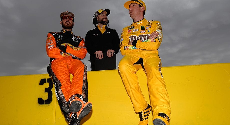 LAS VEGAS, NV - MARCH 01: Martin Truex Jr., driver of the #19 Bass Pro Shops Toyota, Adam Stevens, crew chief of the #18 M&M's Chocolate Bar Toyota, and Kyle Busch, driver of the #18 M&M's Chocolate Bar Toyota, during qualifying for the Monster Energy NASCAR Cup Series Pennzoil 400 at Las Vegas Motor Speedway on March 1, 2019 in Las Vegas, Nevada. (Photo by Robert Laberge/Getty Images) | Getty Images