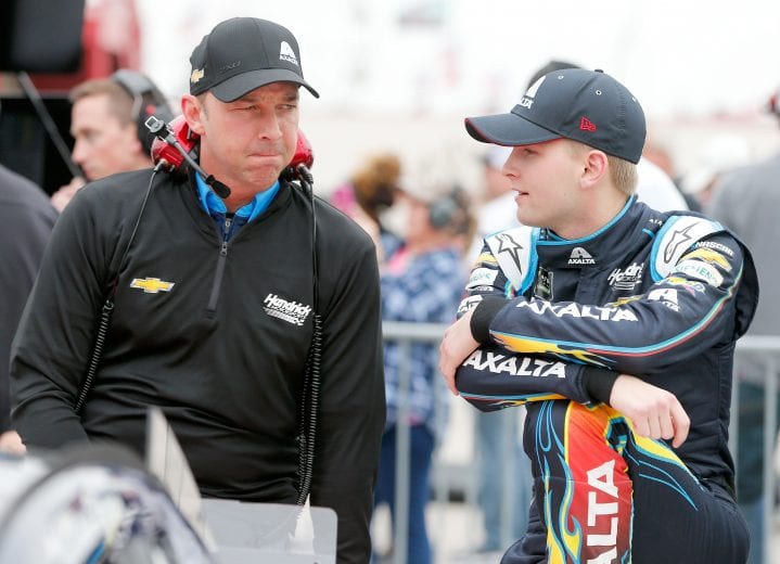 FORT WORTH, TX - MARCH 29:  William Byron, driver of the #24 Axalta/Primeline Chevrolet, talks with  crew chief Chad Knaus during qualifying for the Monster Energy NASCAR Cup Series O'Reilly Auto Parts 500 at Texas Motor Speedway on March 29, 2019 in Fort Worth, Texas.  (Photo by Brian Lawdermilk/Getty Images) | Getty Images