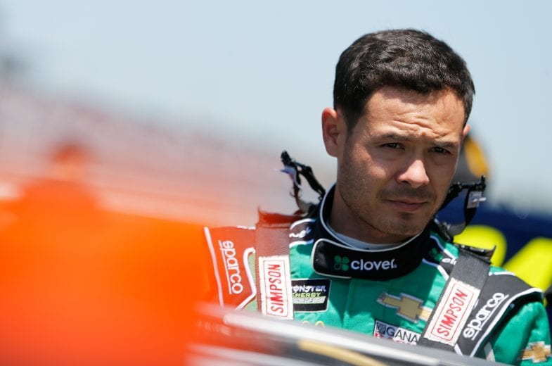 TALLADEGA, AL - APRIL 26:  Kyle Larson, driver of the #42 Clover Chevrolet, stands in the garage area during practice for the Monster Energy NASCAR Cup Series GEICO 500 at Talladega Superspeedway on April 26, 2019 in Talladega, Alabama.  (Photo by Brian Lawdermilk/Getty Images) | Getty Images