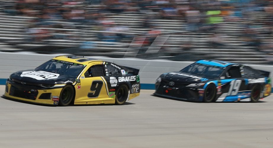 DOVER, DE - MAY 06:  Chase Elliott, driver of the #9 NAPA Brakes Chevrolet, leads Martin Truex Jr., driver of the #19 SiriusXM Toyota, during the Monster Energy NASCAR Cup Series Gander RV 400 at Dover International Speedway on May 6, 2019 in Dover, Delaware.  (Photo by Matt Sullivan/Getty Images) | Getty Images