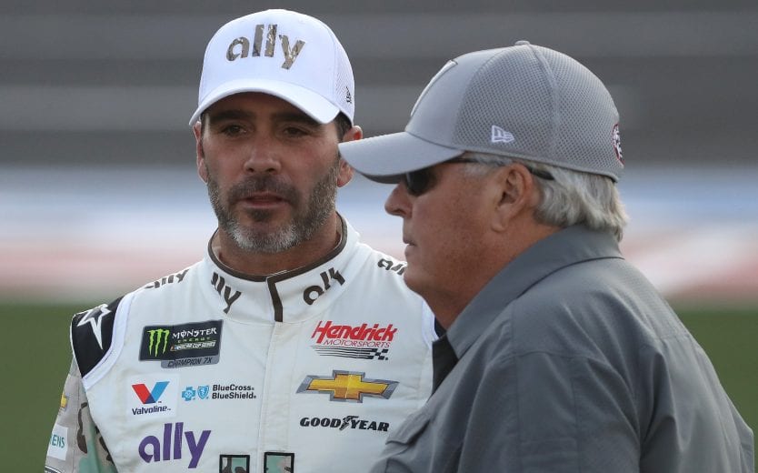 CHARLOTTE, NORTH CAROLINA - MAY 23: (L-R) Jimmie Johnson, driver of the #48 Ally Patriotic ChevroleJimmie Johnson, and NASCAR Hall of Famer and team owner Rick Hendrick talk during qualifying for the Monster Energy NASCAR Cup Series Race Coca-Cola 600 at Charlotte Motor Speedway on May 23, 2019 in Charlotte, North Carolina. (Photo by Streeter Lecka/Getty Images) | Getty Images