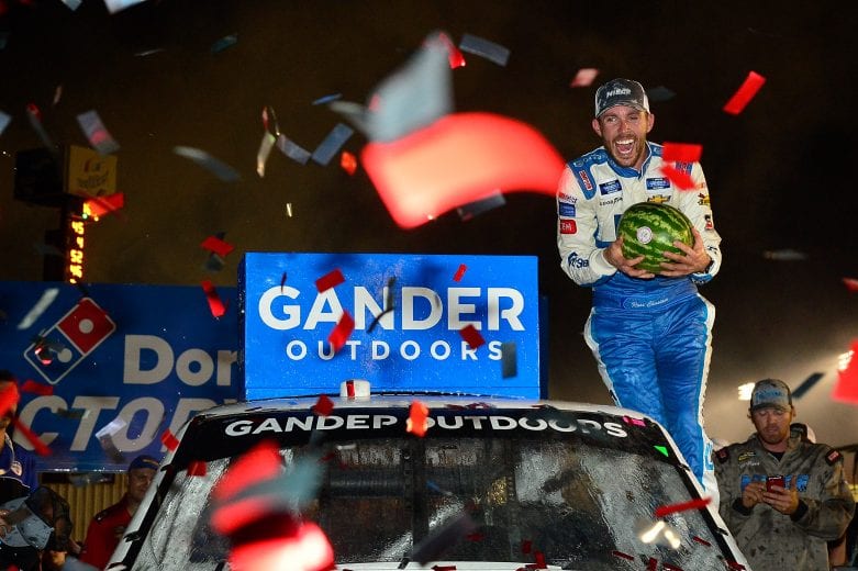 Ross Chastain celebrates in Victory Lane at World Wide Technology Raceway at Gateway.