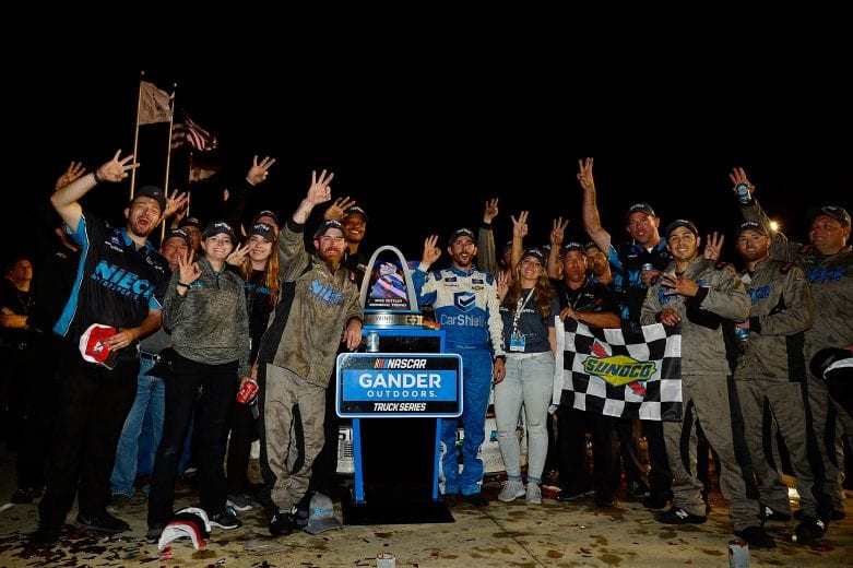 MADISON, IL - JUNE 22: Ross Chastain, driver of the CarSheild.com Chevrolet, poses for photos in victory lane after winning the NASCAR Gander Outdoors Truck Series CarShield 200 presented by CK at Gateway Motorsports Park on June 22, 2019 in Madison, Illinois. (Photo by Jeff Curry/Getty Images) | Getty Images