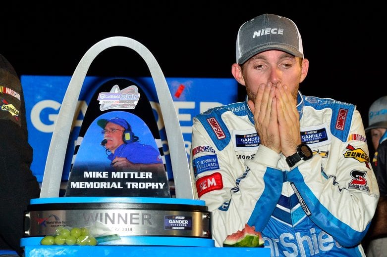 MADISON, IL - JUNE 22: Ross Chastain, driver of the CarSheild.com Chevrolet, reacts in victory lane after winning the NASCAR Gander Outdoors Truck Series CarShield 200 presented by CK at Gateway Motorsports Park on June 22, 2019 in Madison, Illinois. (Photo by Jeff Curry/Getty Images) | Getty Images