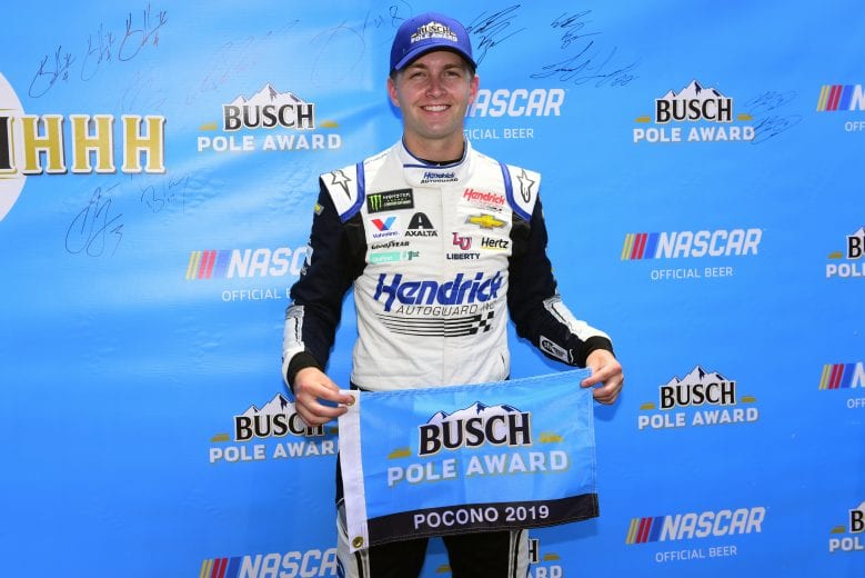 LONG POND, PENNSYLVANIA - JUNE 01: William Byron, driver of the #24 Hendrick Autoguard Chevrolet, poses with the Busch Pole Award after posting the quickest lap during qualifying for the Monster Energy NASCAR Cup Series Pocono 400 at Pocono Raceway on June 01, 2019 in Long Pond, Pennsylvania. (Photo by Jared C. Tilton/Getty Images) | Getty Images