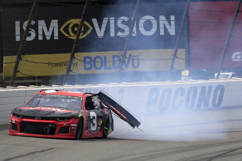 LONG POND, PENNSYLVANIA - JUNE 02: Austin Dillon, driver of the #3 Dow Chevrolet, is involved in an on-track incident during the Monster Energy NASCAR Cup Series Pocono 400 at Pocono Raceway on June 02, 2019 in Long Pond, Pennsylvania. (Photo by Chris Trotman/Getty Images) | Getty Images