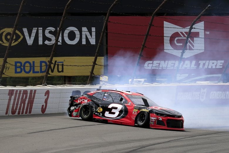 LONG POND, PENNSYLVANIA - JUNE 02: Austin Dillon, driver of the #3 Dow Chevrolet, is involved in an on-track incident during the Monster Energy NASCAR Cup Series Pocono 400 at Pocono Raceway on June 02, 2019 in Long Pond, Pennsylvania. (Photo by Chris Trotman/Getty Images) | Getty Images