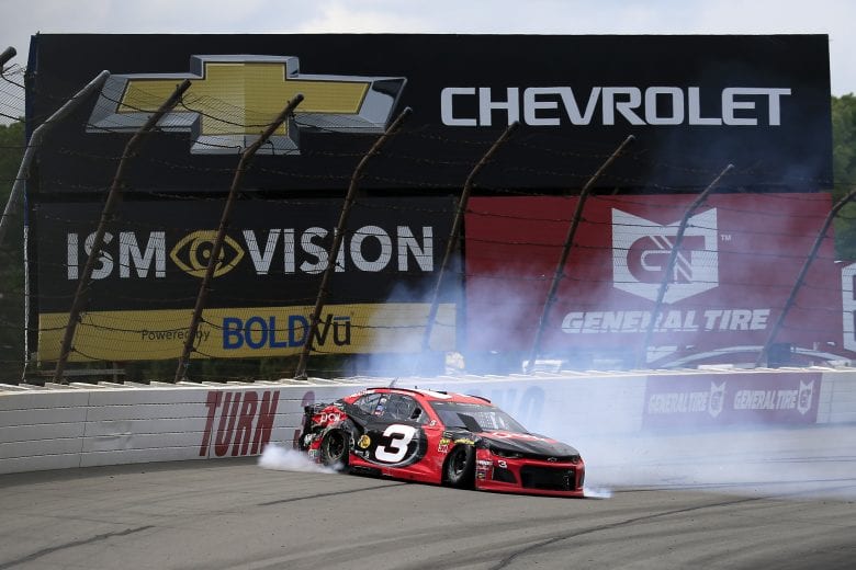 LONG POND, PENNSYLVANIA - JUNE 02: Austin Dillon, driver of the #3 Dow Chevrolet, is involved in an on-track incident during the Monster Energy NASCAR Cup Series Pocono 400 at Pocono Raceway on June 02, 2019 in Long Pond, Pennsylvania. (Photo by Chris Trotman/Getty Images) | Getty Images