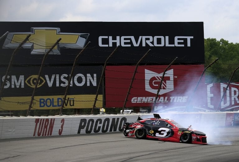 LONG POND, PENNSYLVANIA - JUNE 02: Austin Dillon, driver of the #3 Dow Chevrolet, is involved in an on-track incident during the Monster Energy NASCAR Cup Series Pocono 400 at Pocono Raceway on June 02, 2019 in Long Pond, Pennsylvania. (Photo by Chris Trotman/Getty Images) | Getty Images