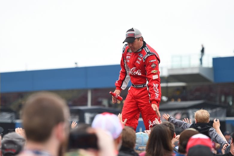 BROOKLYN, MICHIGAN - JUNE 09: Ryan Newman, driver of the #6 Coca Cola Ford, participates in pre-race ceremonies during the Monster Energy NASCAR Cup Series FireKeepers Casino 400 at Michigan International Speedway on June 09, 2019 in Brooklyn, Michigan. (Photo by Stacy Revere/Getty Images) | Getty Images
