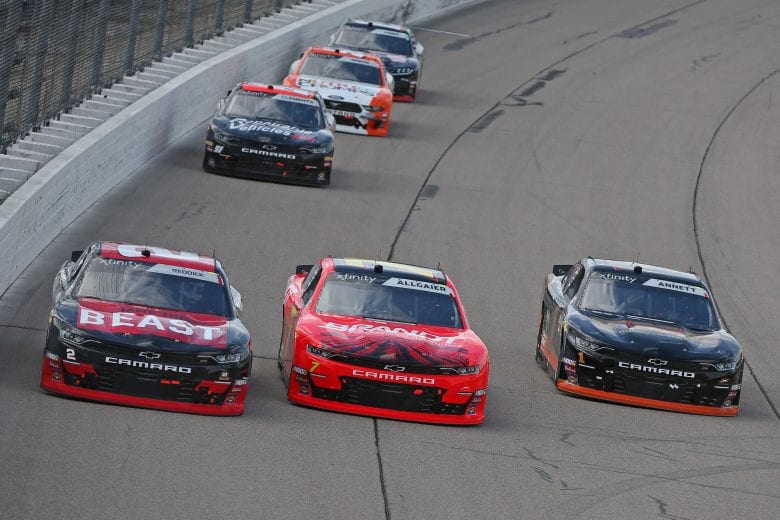 NEWTON, IOWA - JUNE 16: Tyler Reddick, driver of the #2 TAME the BEAST Chevrolet, Justin Allgaier, driver of the #7 BRANDT Professional Agriculture Chevrolet, and Michael Annett, driver of the #1 TMC Transportation Chevrolet, race during the NASCAR Xfinity Series CircuitCity.com 250 Presented by Tamron at Iowa Speedway on June 16, 2019 in Newton, Iowa. (Photo by Matt Sullivan/Getty Images) | Getty Images