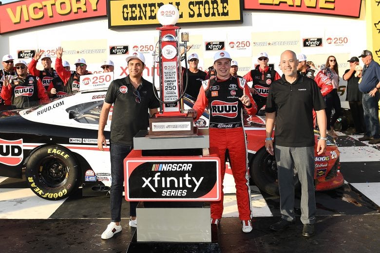 NEWTON, IOWA - JUNE 16: Christopher Bell, driver of the #20 Ruud Toyota, poses with the trophy after winning the NASCAR Xfinity Series CircuitCity.com 250 Presented by Tamron at Iowa Speedway on June 16, 2019 in Newton, Iowa. (Photo by Stacy Revere/Getty Images) | Getty Images