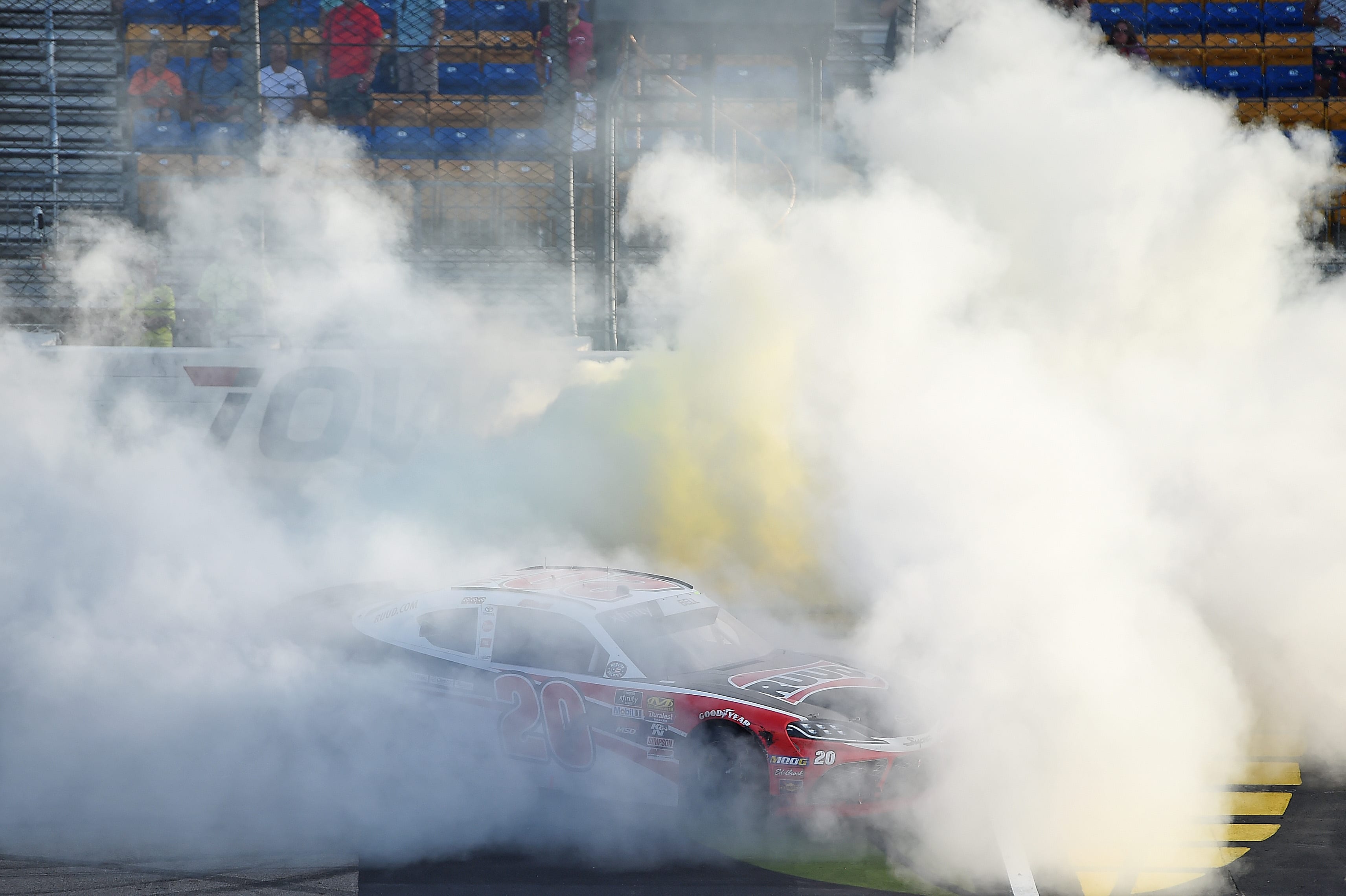 NEWTON, IOWA - JUNE 16: Christopher Bell, driver of the #20 Ruud Toyota, celebrates with a burnout after winning the NASCAR Xfinity Series CircuitCity.com 250 Presented by Tamron at Iowa Speedway on June 16, 2019 in Newton, Iowa. (Photo by Stacy Revere/Getty Images) | Getty Images
