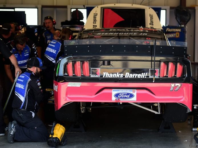 A detailed view of the No. 17 Ford driven by Ricky Stenhouse Jr., featuring a tribute to Darrell Waltrip at Sonoma Raceway.