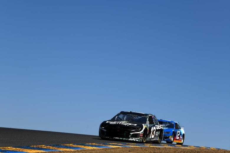 Ty Dillon leads Ryan Blaney through the turns at Sonoma Raceway.