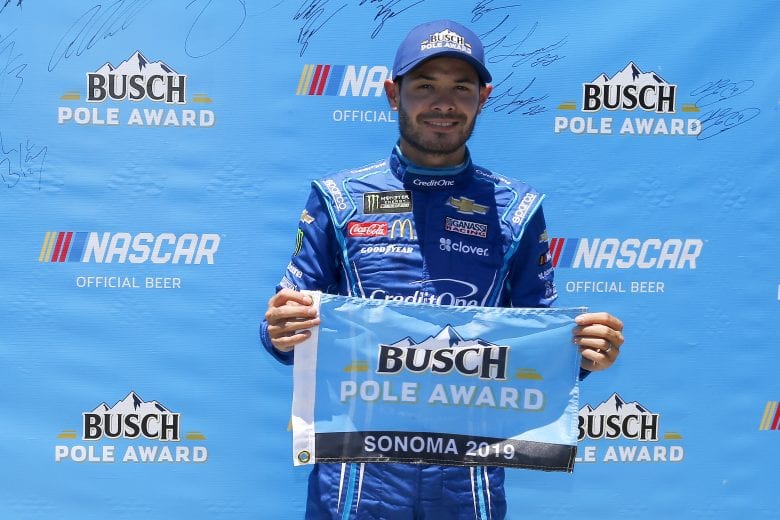 SONOMA, CALIFORNIA - JUNE 22: Kyle Larson, driver of the #42 Credit One Bank Chevrolet, poses with the Busch Pole Award after posting the quickest lap during qualifying for the Monster Energy NASCAR Cup Series Toyota/Save Mart 350 at Sonoma Raceway on June 22, 2019 in Sonoma, California. (Photo by Jonathan Ferrey/Getty Images) | Getty Images