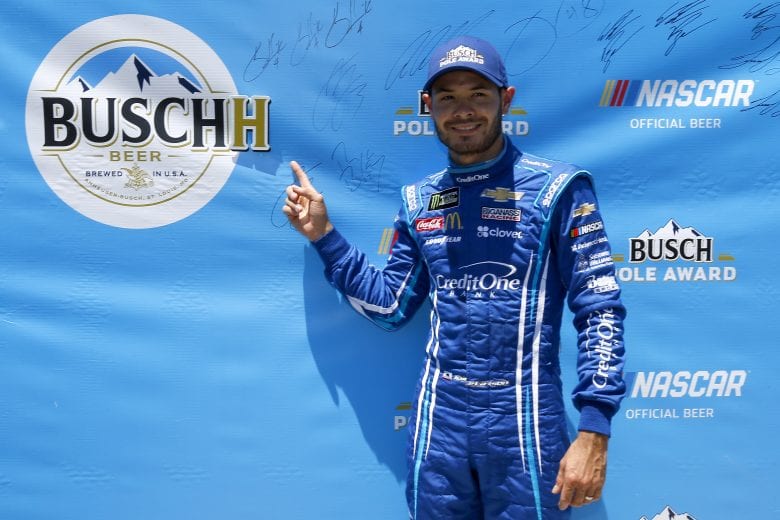 SONOMA, CALIFORNIA - JUNE 22: Kyle Larson, driver of the #42 Credit One Bank Chevrolet, celebrates after posting the quickest lap during qualifying for the Monster Energy NASCAR Cup Series Toyota/Save Mart 350 at Sonoma Raceway on June 22, 2019 in Sonoma, California. (Photo by Jonathan Ferrey/Getty Images) | Getty Images