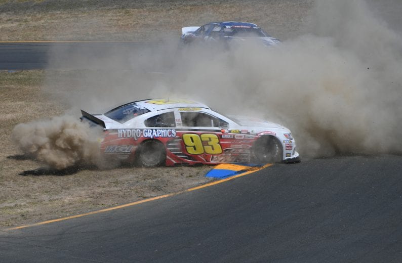 SONOMA, CALIFORNIA - JUNE 22: Austin Thom, driver of the #93 Sherman Williams/HGI Ford, is involved in an on-track incident during the K&N Pro Series West Procore 200 at Sonoma Raceway on June 22, 2019 in Sonoma, California. (Photo by Robert Reiners/Getty Images) | Getty Images