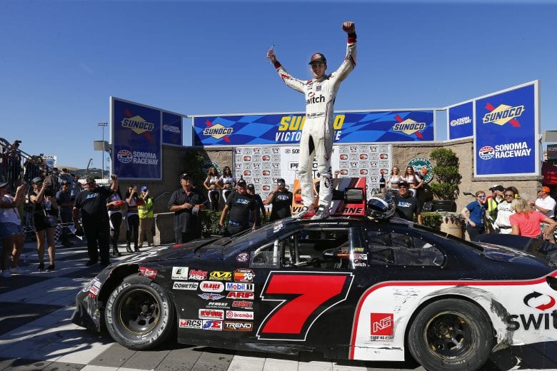 SONOMA, CALIFORNIA - JUNE 22: Noah Gragson, driver of the #7 Switch JPR Chevrolet, celebrates in Victory Lane after winning the K&N Pro Series West Procore 200 at Sonoma Raceway on June 22, 2019 in Sonoma, California. (Photo by Jonathan Ferrey/Getty Images) | Getty Images