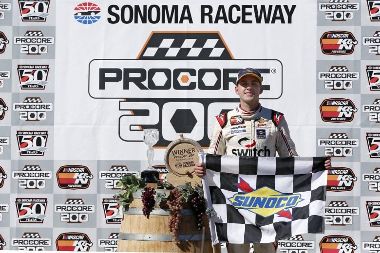 SONOMA, CALIFORNIA - JUNE 22: Noah Gragson, driver of the #7 Switch JPR Chevrolet, celebrates in Victory Lane after winning the K&N Pro Series West Procore 200 at Sonoma Raceway on June 22, 2019 in Sonoma, California. (Photo by Jonathan Ferrey/Getty Images) | Getty Images
