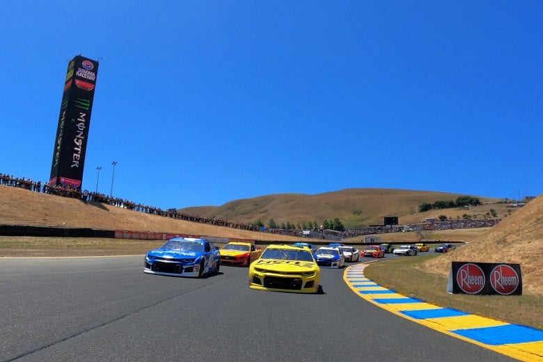 SONOMA, CALIFORNIA - JUNE 23: Kyle Larson, driver of the #42 Credit One Bank Chevrolet, and William Byron, driver of the #24 Hertz Chevrolet, lead field prior to the start of the Monster Energy NASCAR Cup Series Toyota/Save Mart 350 at Sonoma Raceway on June 23, 2019 in Sonoma, California. (Photo by Jared C. Tilton/Getty Images) | Getty Images