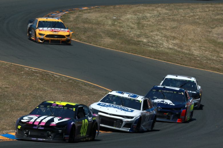 SONOMA, CALIFORNIA - JUNE 23: Jimmie Johnson, driver of the #48 Ally Chevrolet, leads a pack of cars during the Monster Energy NASCAR Cup Series Toyota/Save Mart 350 at Sonoma Raceway on June 23, 2019 in Sonoma, California. (Photo by Sean Gardner/Getty Images) | Getty Images