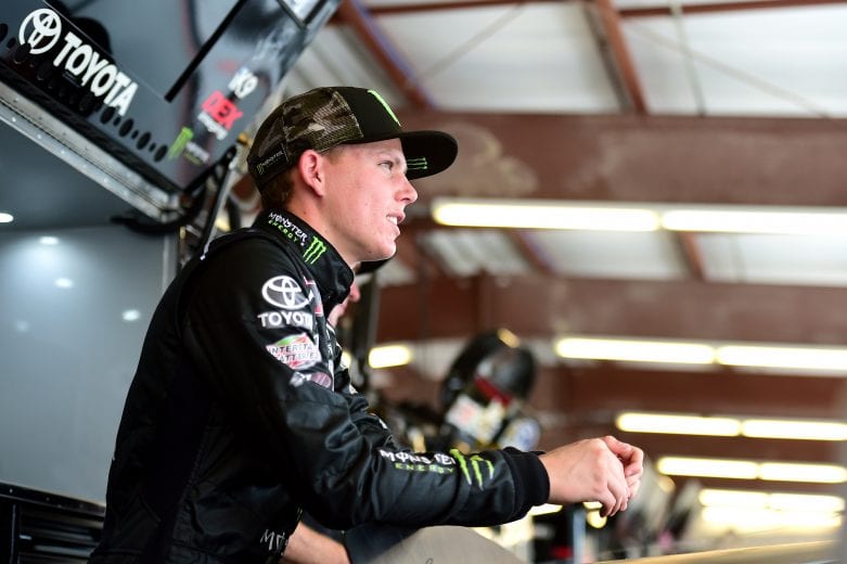 JOLIET, ILLINOIS - JUNE 28: Riley Herbst, driver of the #18 Monster Energy Toyota, looks on during practice for the NASCAR Xfinity Series Camping World 300 at Chicagoland Speedway on June 28, 2019 in Joliet, Illinois. (Photo by Jared C. Tilton/Getty Images) | Getty Images