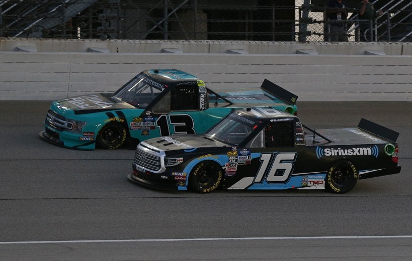 JOLIET, ILLINOIS - JUNE 28: Austin Hill, driver of the #16 SiriusXM Toyota, and Johnny Sauter, driver of the #13 Tenda Heal Ford, drive during a pace lap for the NASCAR Gander Outdoors Truck Series Camping World 225 at Chicagoland Speedway on June 28, 2019 in Joliet, Illinois. (Photo by Matt Sullivan/Getty Images) | Getty Images