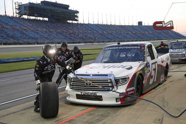 JOLIET, ILLINOIS - JUNE 28: Brandon Jones, driver of the #51 Chigo/Menards Toyota, pits during the NASCAR Gander Outdoors Truck Series Camping World 225 at Chicagoland Speedway on June 28, 2019 in Joliet, Illinois. (Photo by Matt Sullivan/Getty Images) | Getty Images