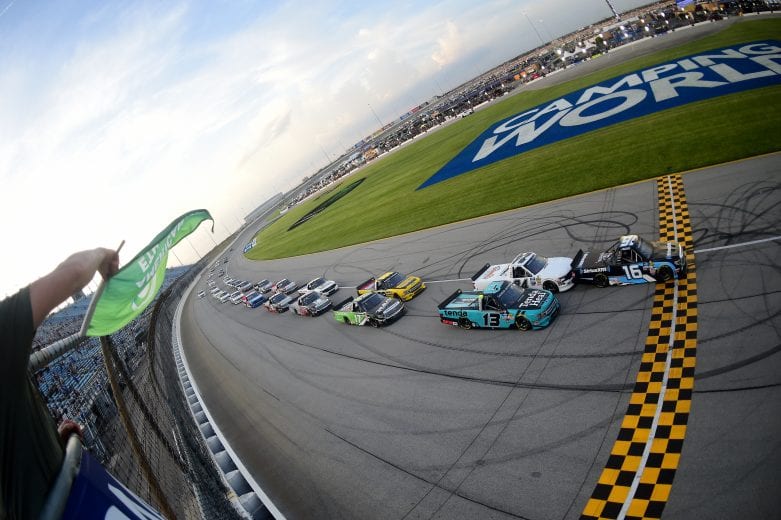 JOLIET, ILLINOIS - JUNE 28: Austin Hill, driver of the #16 SiriusXM Toyota, takes the green flag to start the NASCAR Gander Outdoors Truck Series Camping World 225 at Chicagoland Speedway on June 28, 2019 in Joliet, Illinois. (Photo by Jared C. Tilton/Getty Images) | Getty Images