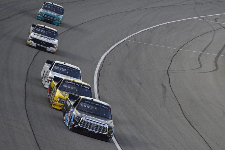 JOLIET, ILLINOIS - JUNE 28: Austin Hill, driver of the #16 SiriusXM Toyota, leads a pack of trucks during the NASCAR Gander Outdoors Truck Series Camping World 225 at Chicagoland Speedway on June 28, 2019 in Joliet, Illinois. (Photo by Jared C. Tilton/Getty Images) | Getty Images